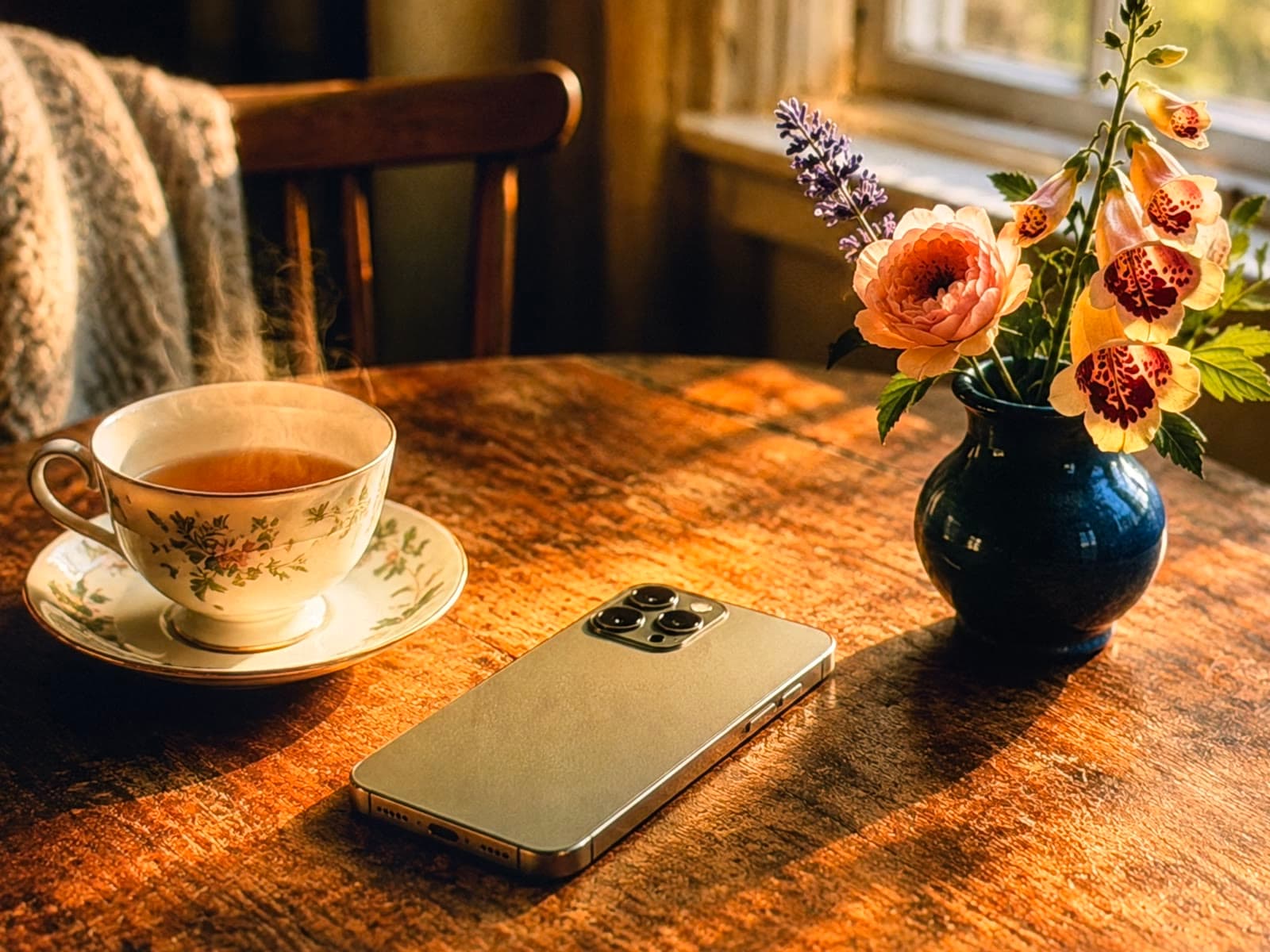 A modern smartphone laid face-down on a warm wooden kitchen table, beside a floral bone-china teacup and a small vase of freshly cut cottage-garden flowers. Warm golden hour light spills through the window.