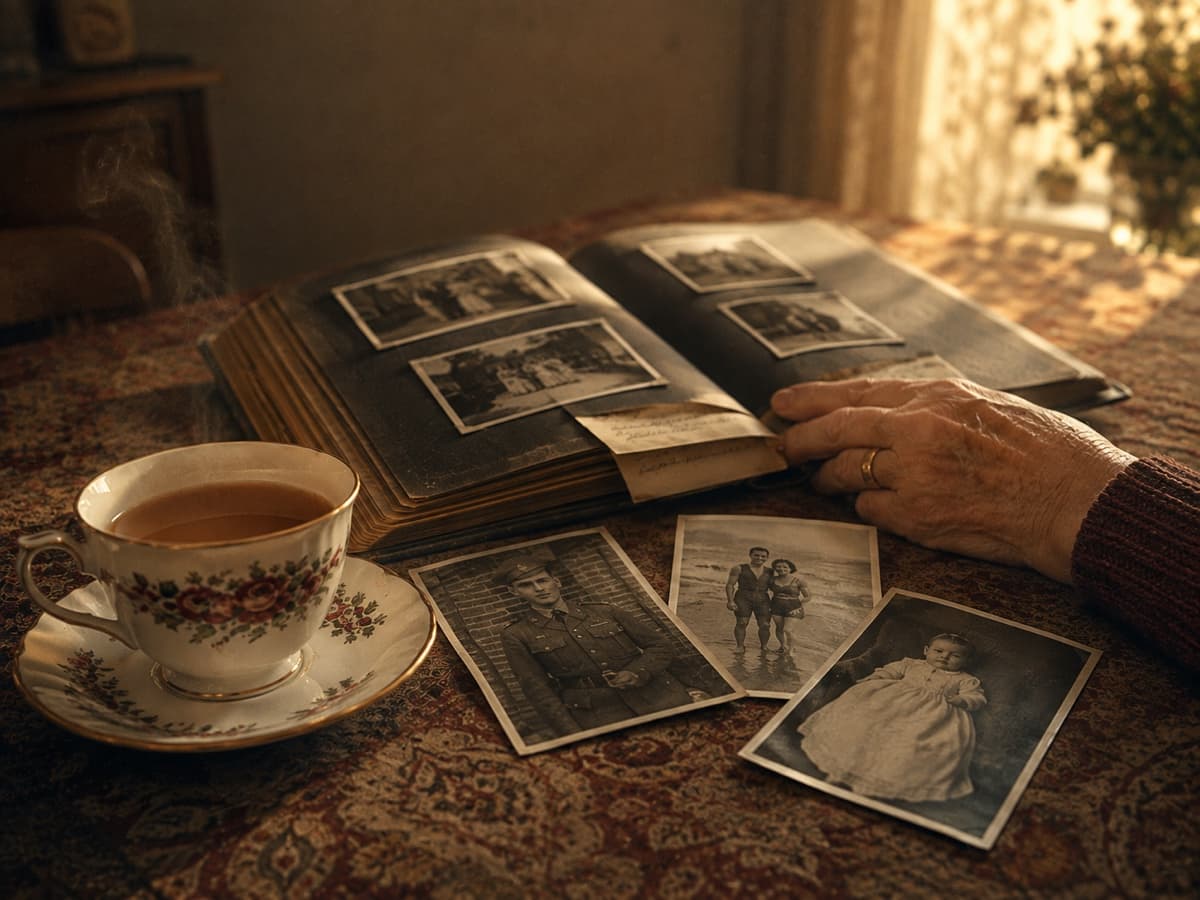 A floral bone-china teacup and saucer beside an open vintage photo album. Three loose black-and-white photographs fanned out on the patterned tablecloth: a young man in wartime uniform, two children in wellingtons on a beach, and a baby in a lace christening gown. An elderly hand rests on the edge of the album.