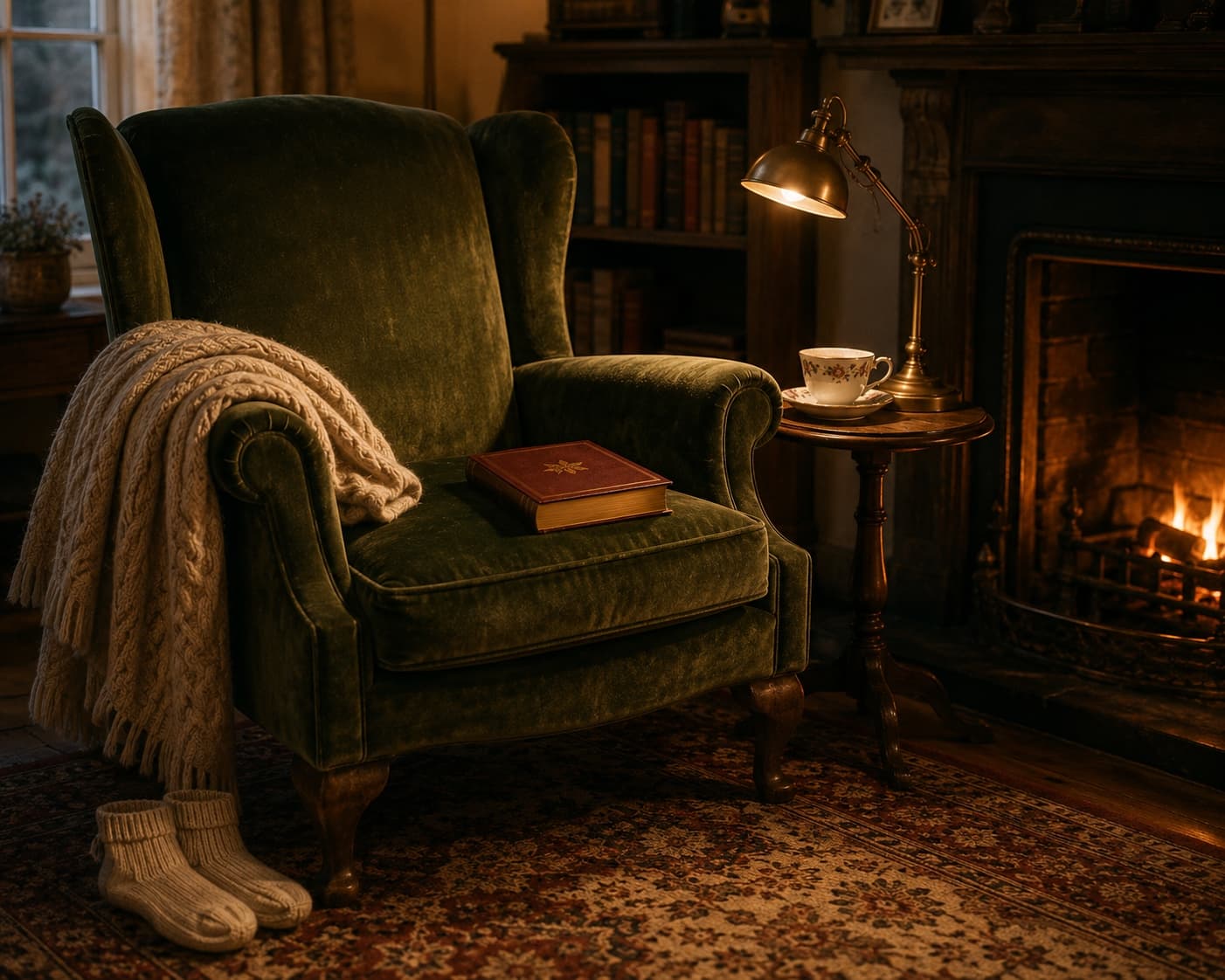 An empty wing-backed armchair upholstered in worn deep-green velvet beside a warm open fireplace. An oatmeal-cream cable-knit blanket is folded over one arm, a red hardcover book with a gold-foil title rests closed on the seat cushion, a small round side-table holds a bone-china teacup and a brass reading lamp glowing warmly, and a folded pair of cream wool socks sits neatly beside the chair on a patterned rug.