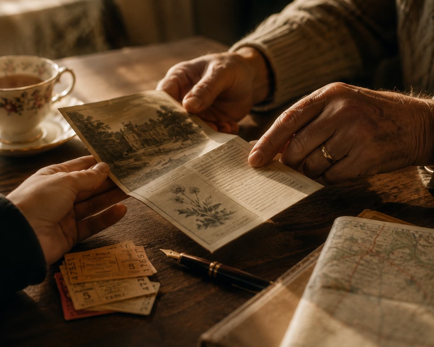 Two pairs of hands, of different generations, meeting across a wooden kitchen table over an open National Trust or English Heritage leaflet with a watercolour illustration of a country house. On the table beside them: a small stack of vintage railway tickets, a fountain pen, a folded ordnance survey map, and a bone-china teacup. Warm afternoon window light from the left.
