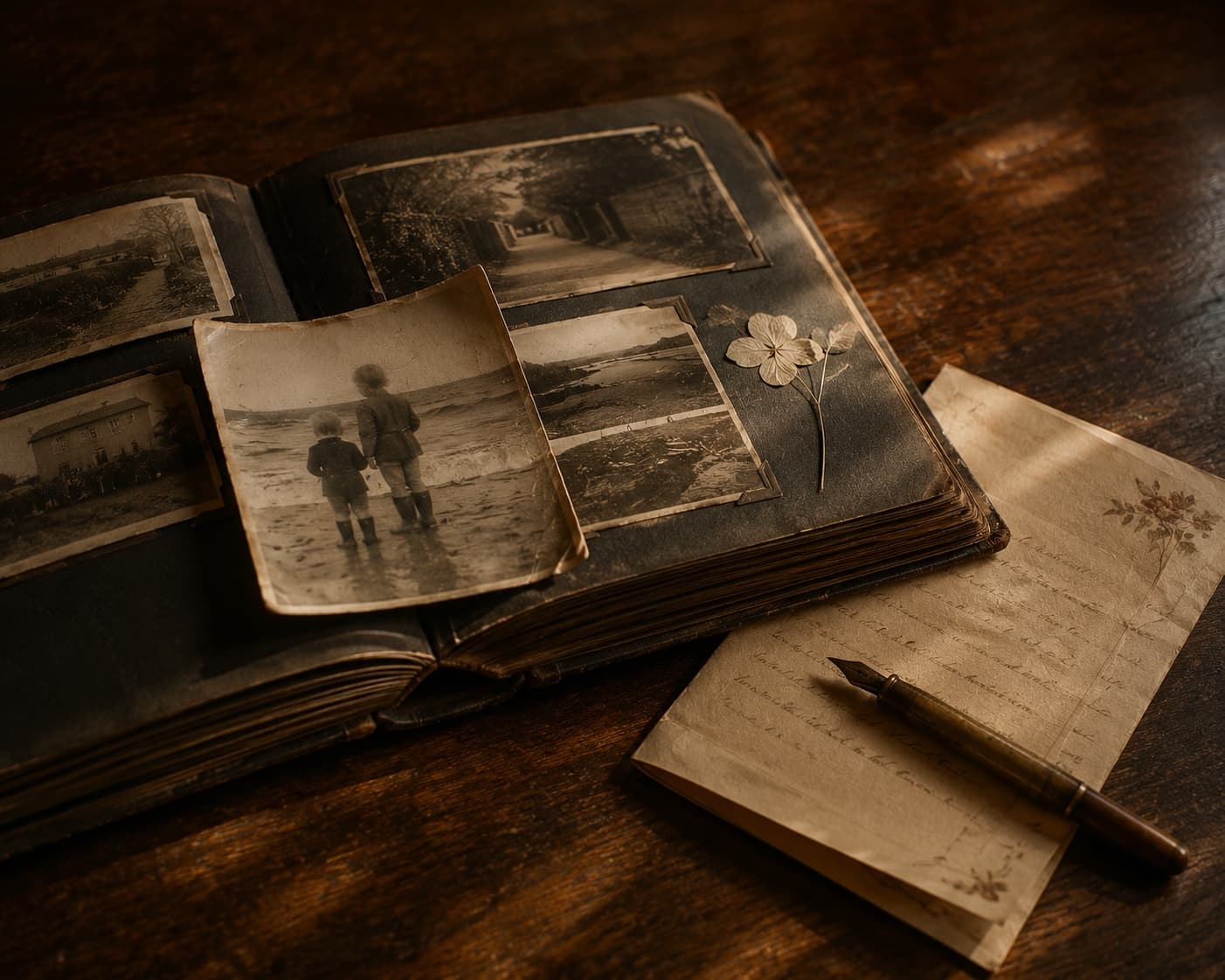 An open old photograph album on a dark wooden kitchen table. A weathered sepia photograph rests on top of the album, curled at the corners: two children in wellingtons at a British seaside. Beside the album, a folded handwritten letter on cream stationery, a fountain pen resting across it, and a small pressed flower slipped between two pages of the album.