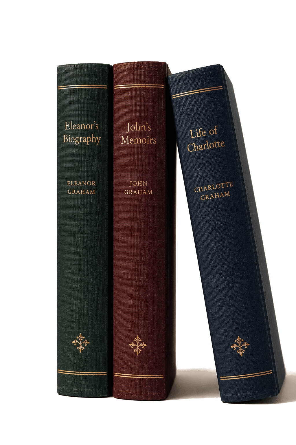 Three hand-bound biographies stood up together: a green Eleanor's Biography, a burgundy John's Memoirs, and a navy Life of Charlotte.