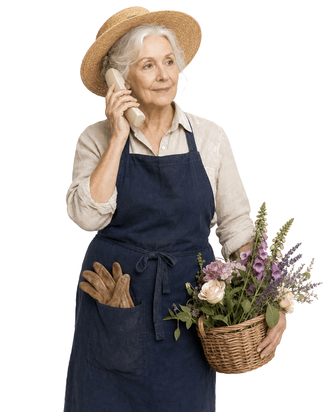 An elderly woman in a straw sun-hat and navy gardening apron, holding a cordless cream telephone to her ear while carrying a basket of freshly-cut cottage-garden flowers.