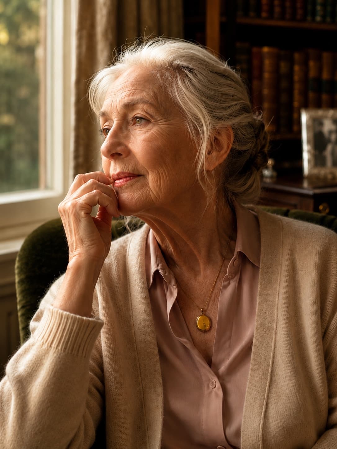 An older woman with silver hair in a soft bun and a cream cardigan, seated in a warmly lit study beside a large window and a wall of leather-spined books, chin resting on her hand as she gazes thoughtfully out of frame.