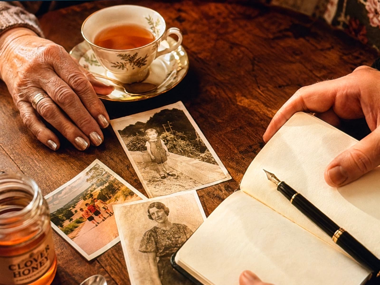 An older woman's hand rests beside a chipped bone-china teacup while an adult daughter's hand holds an open notebook with a fountain pen. Between them, a scatter of old family photographs — a 1930s wedding portrait, a 1970s beach snapshot — spill across a warm wooden table.