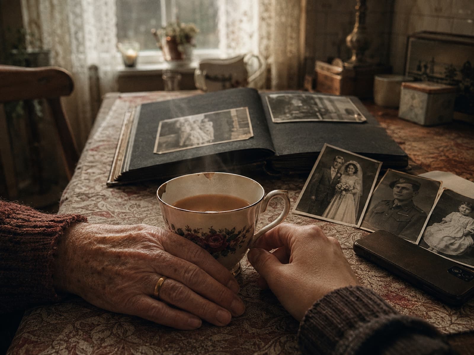 An elderly hand and a younger hand meet around a floral bone-china teacup on a patterned tablecloth, beside an open black-and-white photo album with a 1950s wedding portrait and a photograph of a young soldier in uniform. Warm afternoon light through a lace-curtained window.