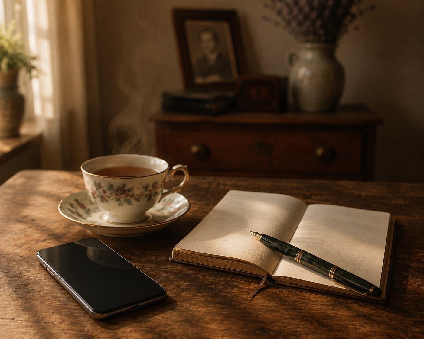 A modern smartphone rests face-up on a scrubbed wooden kitchen table with its screen dimmed and blank. Beside it: a bone-china teacup half-full of tea with soft steam rising, and a small handwritten notebook open to a blank page with a dark green marbled fountain pen resting across it. Softly out of focus in the background: a wooden dresser with a framed sepia portrait and a vase of dried lavender.