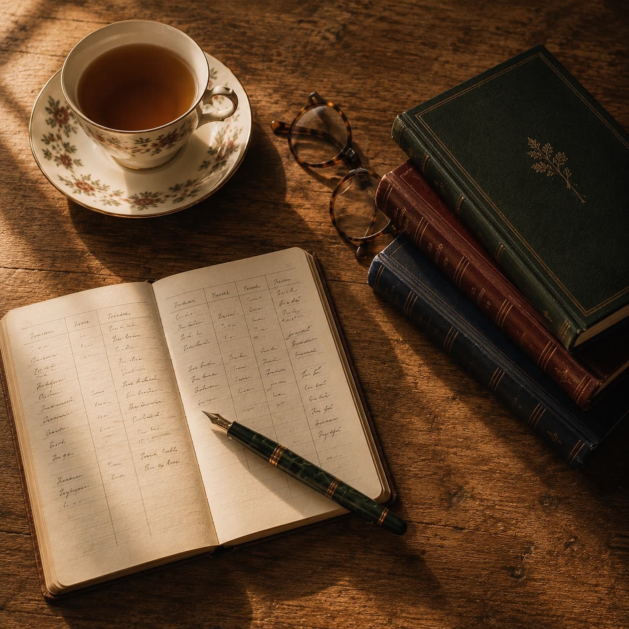 Overhead flat-lay on a wooden desk: an open notebook filled with a hand-drawn comparison table in fountain-pen ink, a dark green marbled fountain pen resting across the page, a bone-china teacup on its saucer, a folded pair of reading glasses, and a small stack of three hardcover books in green, oxblood red, and dark navy with gold-foil detailing on their spines.
