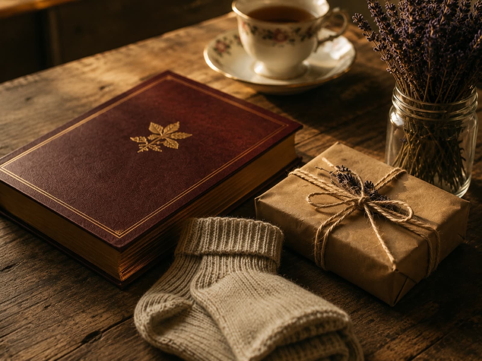 A warmly lit English kitchen table laid out with thoughtful gifts: a dark red hardcover book with a gold-foil emblem, a folded pair of merino wool socks in oatmeal cream, a small brown-paper package tied with cream twine and a sprig of lavender, a bone-china teacup with tea, and a small bunch of dried lavender in a jam-jar.