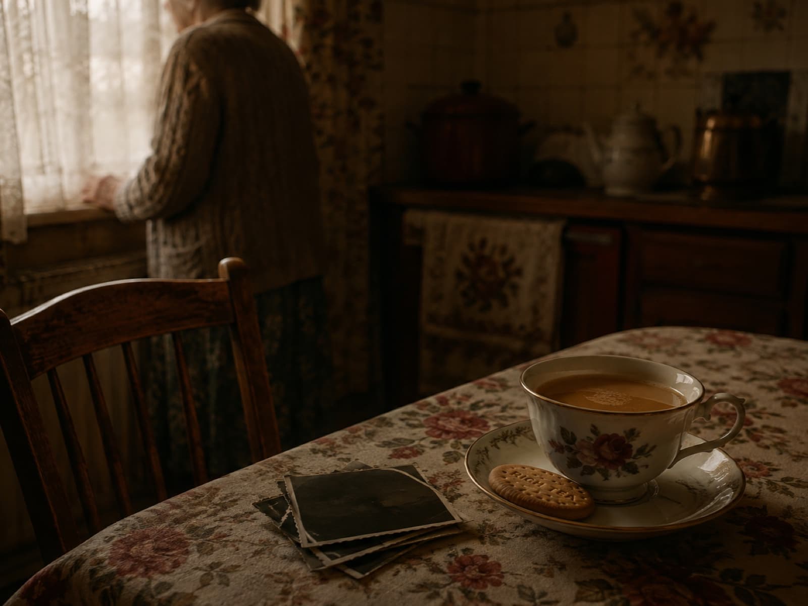 A quiet English kitchen in late-afternoon light. An empty wooden chair pulled slightly back from a floral tablecloth, an untouched bone-china teacup with cold, milky tea, a small stack of face-down black-and-white photographs and a Rich Tea biscuit on the saucer. In the softly out-of-focus background, the shoulder and forearm of an elderly person in a cardigan, turned three-quarters away, looking out of a lace-curtained window.